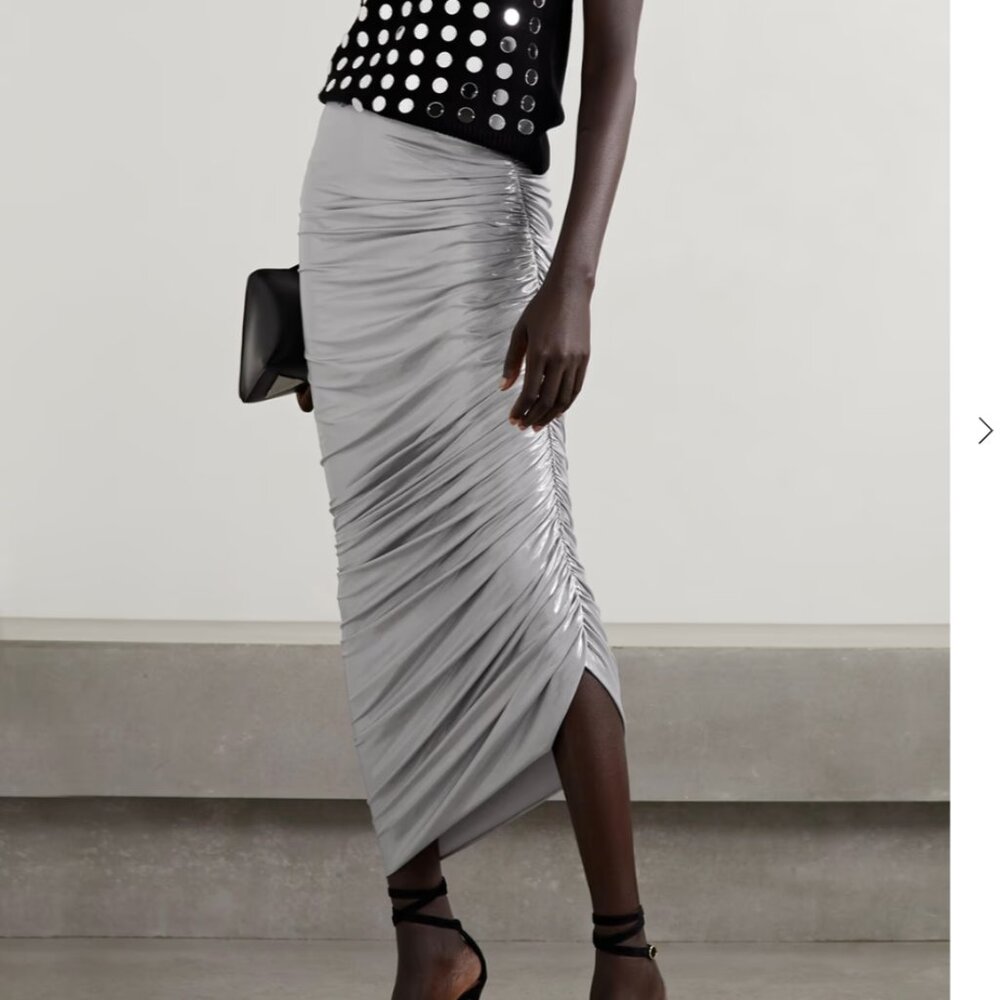 NWT Norma Kamali Diana Ruched Stretch-Lame Long Skirt